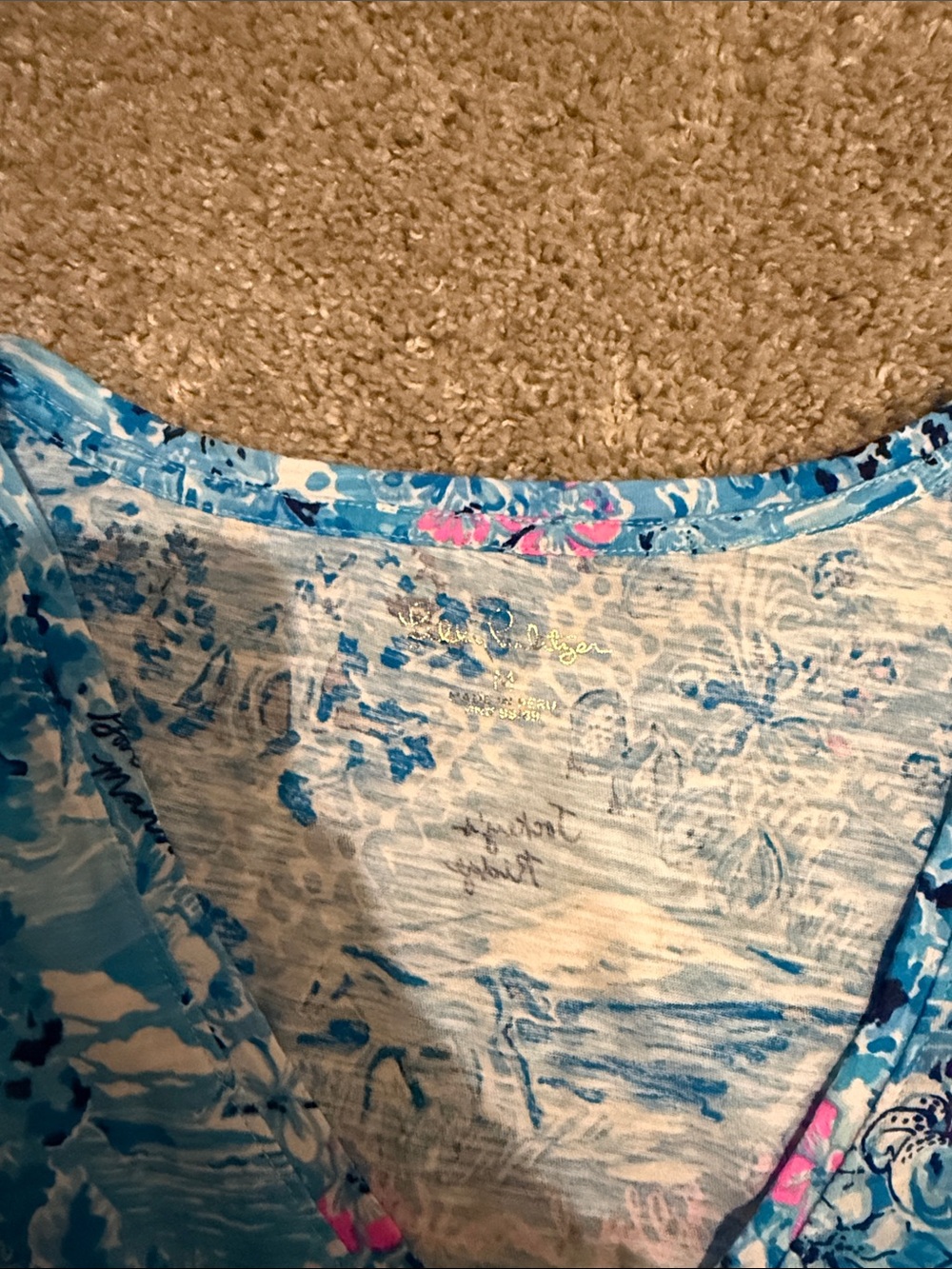 Lilly Pulitzer Blue Scenic Floral V-Neck Tee with Pink Accents - Picture 3 of 3